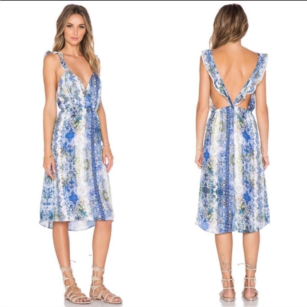 Tularosa Blue Willa Sleeveless Surplice Eyelet Trim Ruffle Strap Midi Dress S